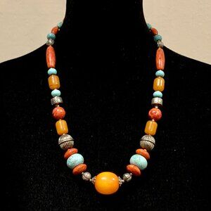 Tibetan Copal Amber Red Coral Turquoise Silver Graduated Beads Necklace 23”